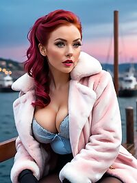 A 34 year old woman with red hair pink fur coat and athletic physique poses seductively on the docks at dusk