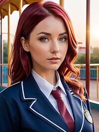 A 33 year old woman with burgundy and blonde hair stands near a roller coaster at sunrise in her blue school uniform