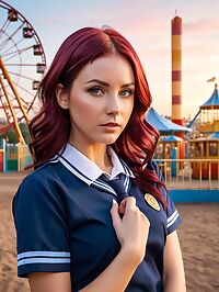 A 33 year old woman with burgundy and blonde hair stands near a roller coaster at sunrise in her blue school uniform