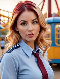 A 33 year old woman with burgundy and blonde hair stands near a roller coaster at sunrise in her blue school uniform