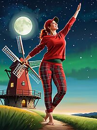 A 42 year old woman with red hair and white streaks stands near a windmill under the bright moonlight