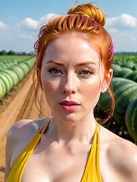 A 42 year old woman with ginger hair stands amidst the vibrant melons on a sun kissed farm